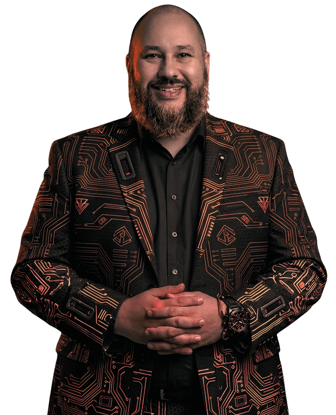 Michael Garcia, founder of Monkey Toolbox, wearing a circuit-pattern blazer